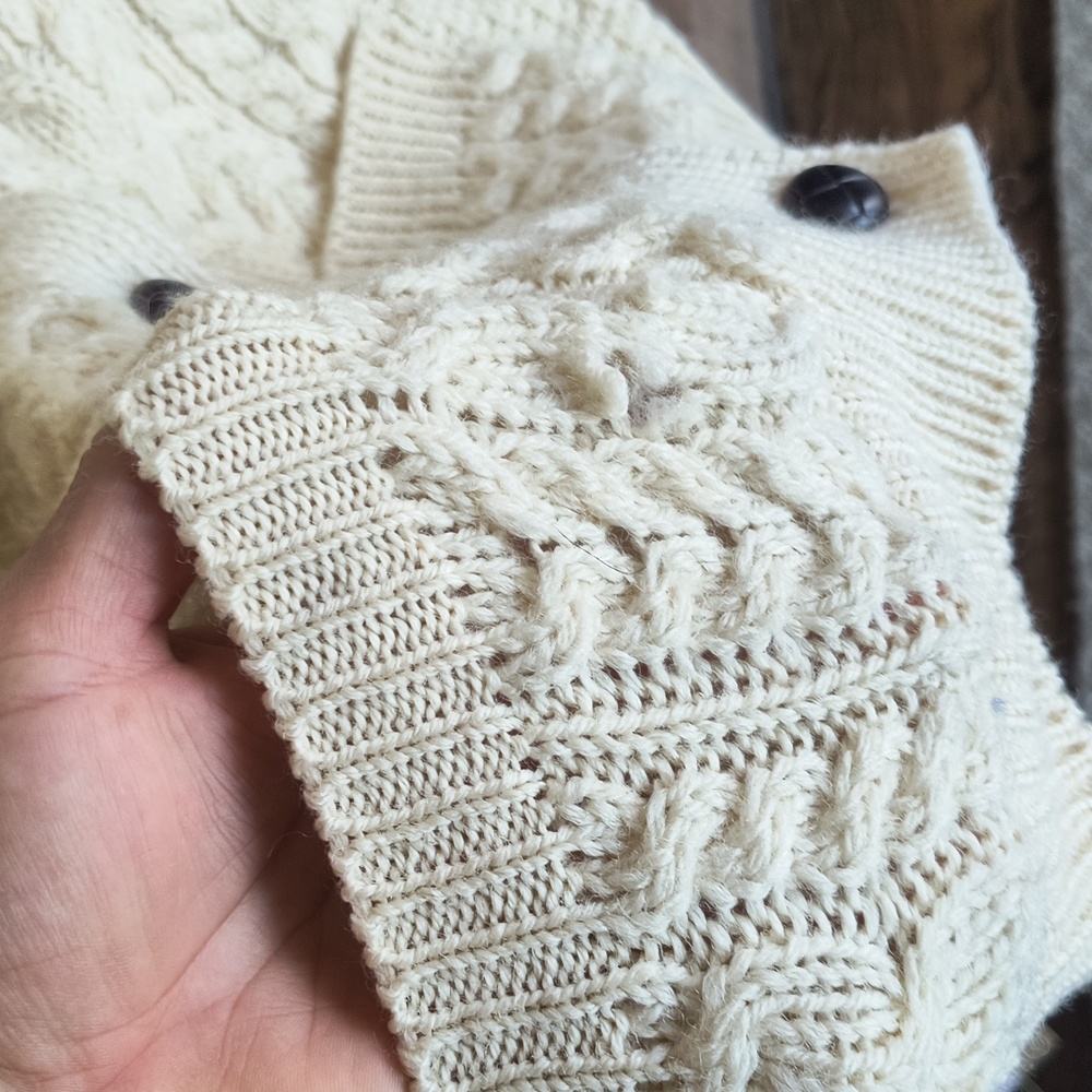 Vintage Carraig Donn 100% Wool Cream Chunky Knit Fisherman Cardigan Sz Large M - Picture 10 of 17